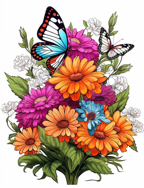 There is a bouquet of flowers with a butterfly on top generative ai