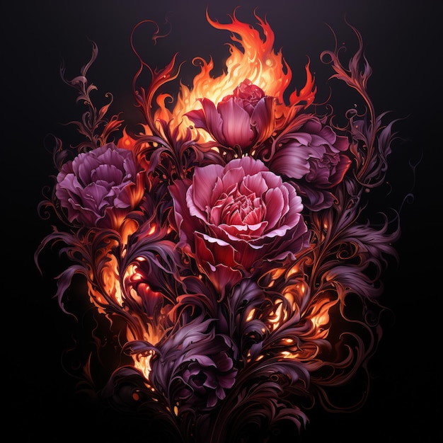 Photo there is a bouquet of flowers with fire in the background generative ai