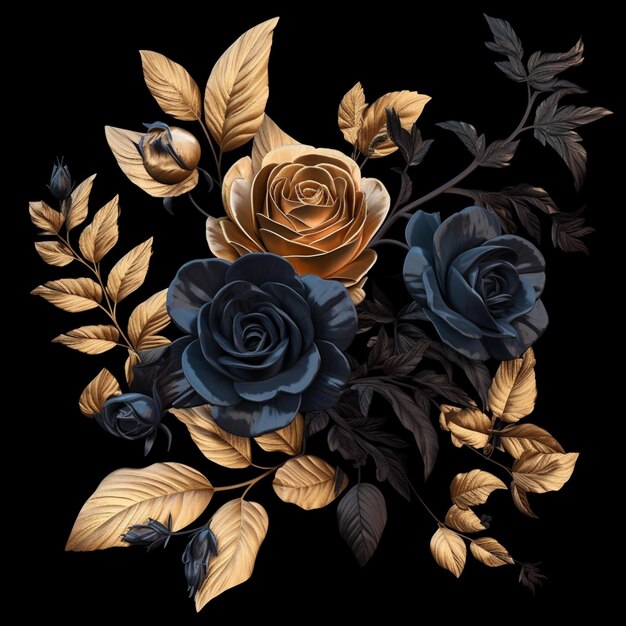 there is a bouquet of flowers with gold leaves on a black background. generative ai.