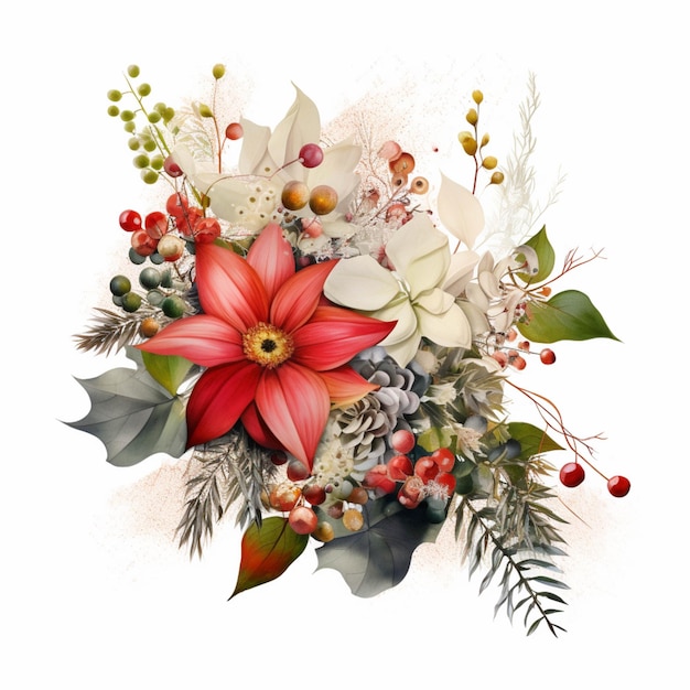 There is a bouquet of flowers with leaves and berries on it generative ai