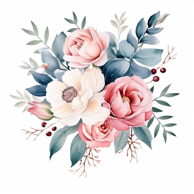 there is a bouquet of flowers with leaves and berries on a white background generative ai