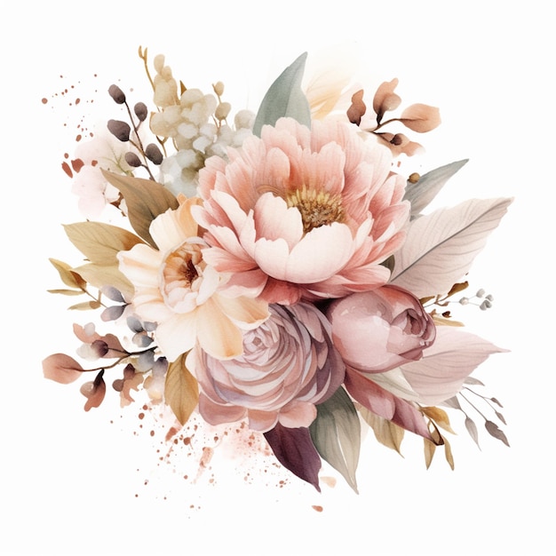 There is a bouquet of flowers with leaves and berries on a white background generative ai