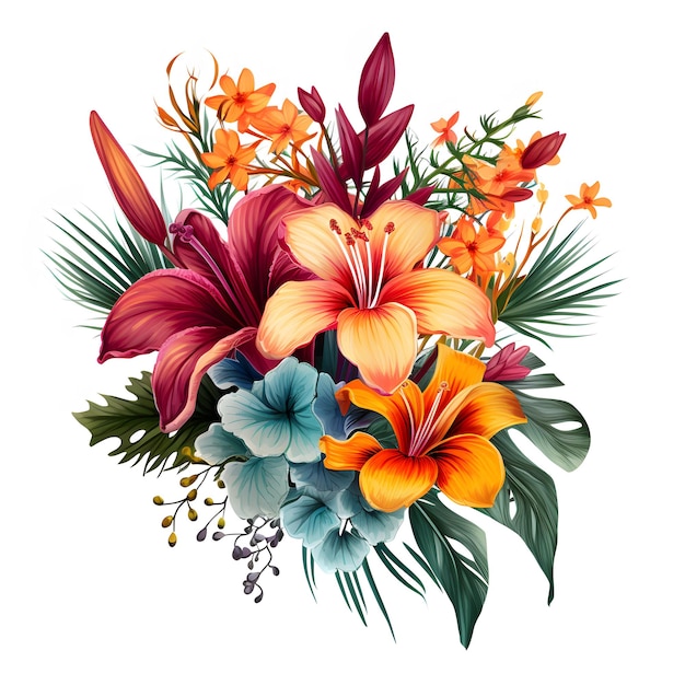 there is a bouquet of flowers with leaves and flowers on a white background Generative AI