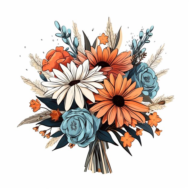 Photo there is a bouquet of flowers with orange and blue flowers generative ai