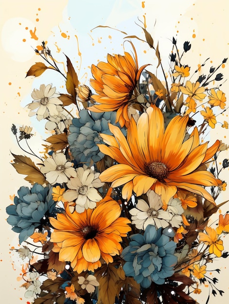 Photo there is a bouquet of flowers with orange and blue flowers generative ai