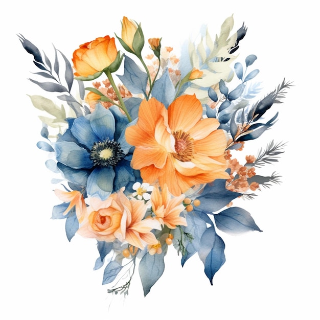 There is a bouquet of flowers with orange and blue flowers generative ai