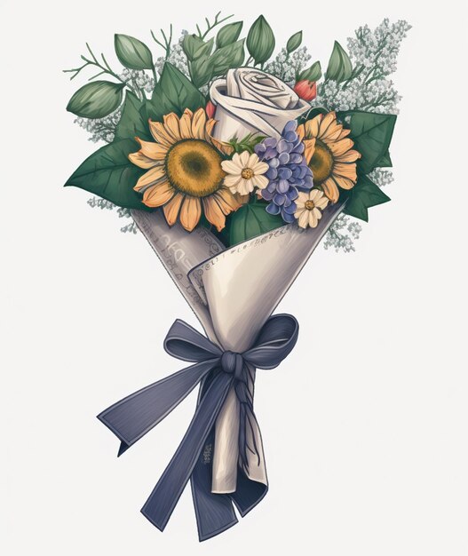 there is a bouquet of flowers with a ribbon tied to it generative ai