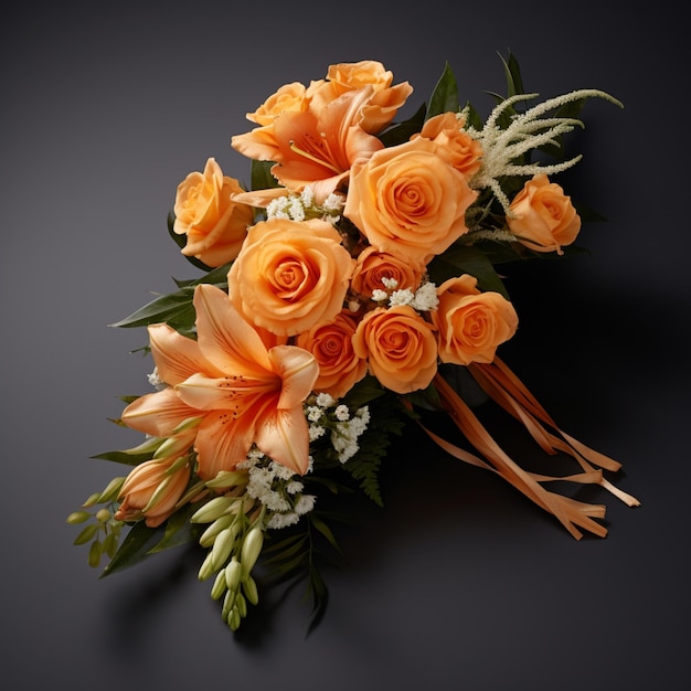 Photo there is a bouquet of orange roses and babys breath on a black background generative ai