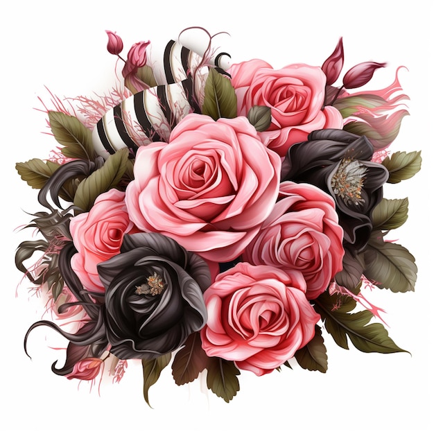 there is a bouquet of pink and black roses with feathers generative ai