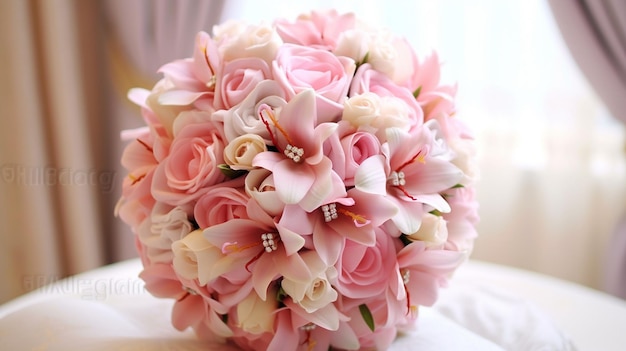 На белом столе стоит букет розовых цветов.