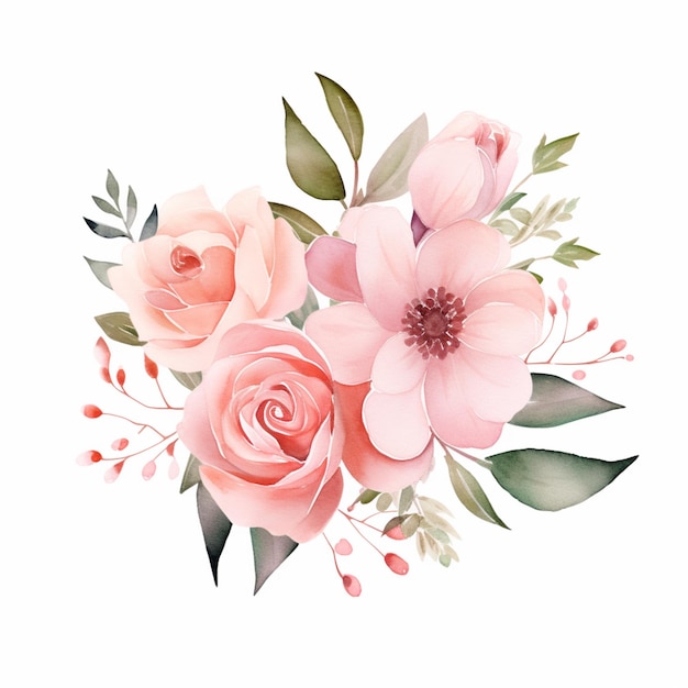 Foto c'è un bouquet di fiori rosa con foglie verdi su uno sfondo bianco generativo ai