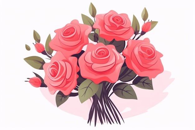 there is a bouquet of pink roses with green leaves on a white background generative ai