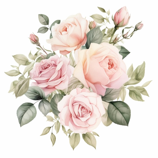 Есть букет розовых роз с зелеными листьями на белом фоне.