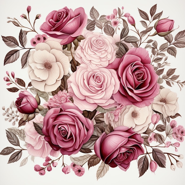 there is a bouquet of pink and white roses on a white background generative ai