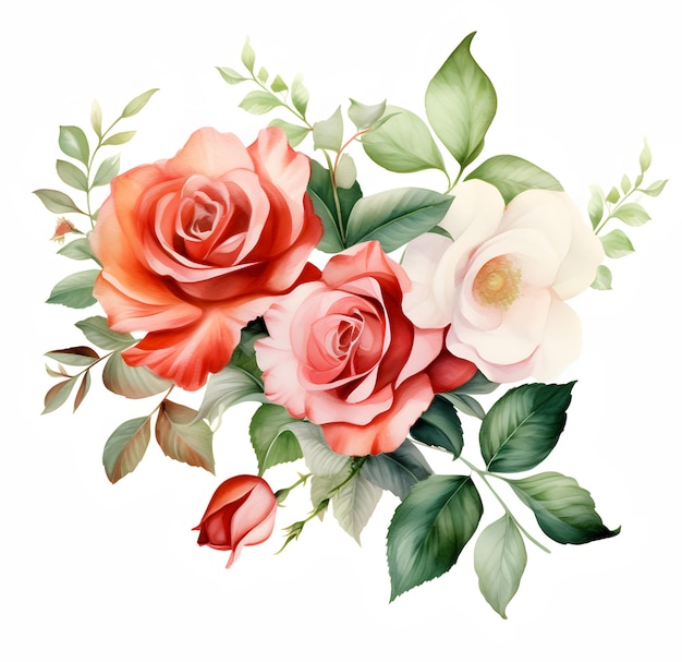 there is a bouquet of roses with leaves and flowers on a white background Generative AI