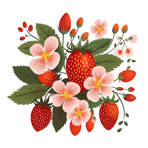 색 배경에 딸기와 분홍색 꽃의 꽃줄이 있습니다.