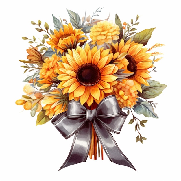 Photo there is a bouquet of sunflowers with a bow on the side generative ai