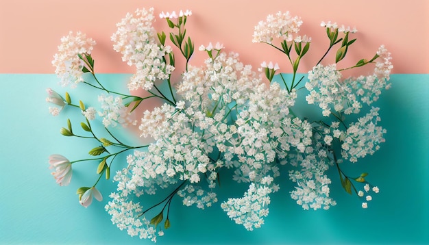 there is a bouquet of white flowers on a blue and pink background generative ai