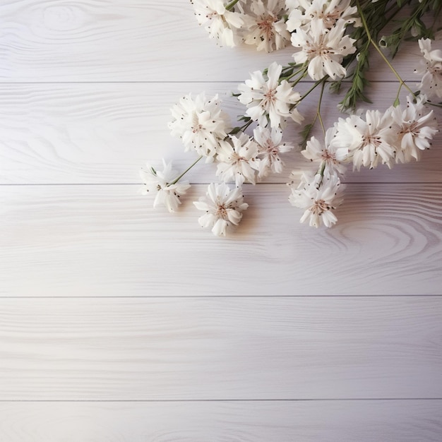 there is a bouquet of white flowers on a white wooden table generative ai