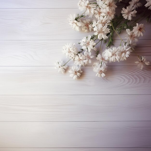 흰색 나무 테이블 생성 ai에 흰색 꽃다발이 있습니다
