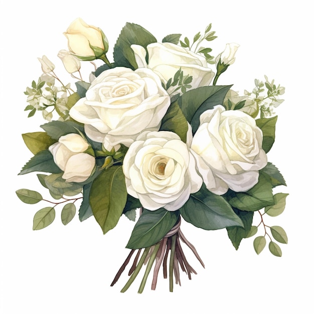 There is a bouquet of white roses with green leaves on a white background generative ai