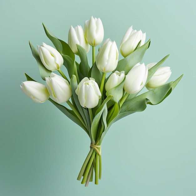 Foto c'è un bouquet di tulipani bianchi su uno sfondo blu generativo ai