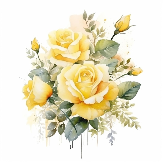 There is a bouquet of yellow roses with green leaves on a white background generative ai