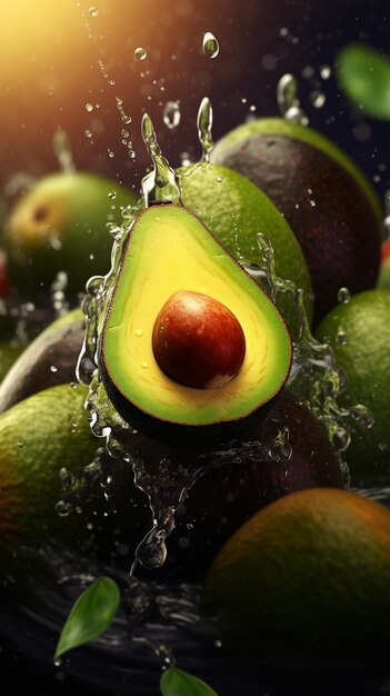 there is a bowl of avocados with water splashing on them generative ai