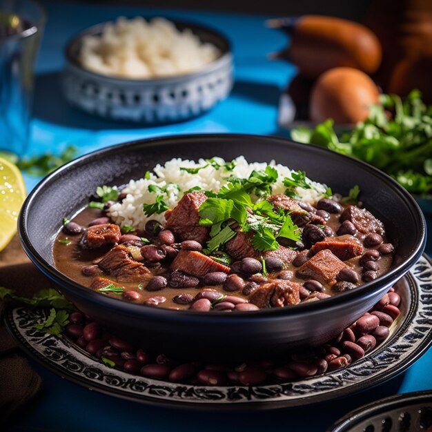 there is a bowl of beans and rice with a lime slice generative ai