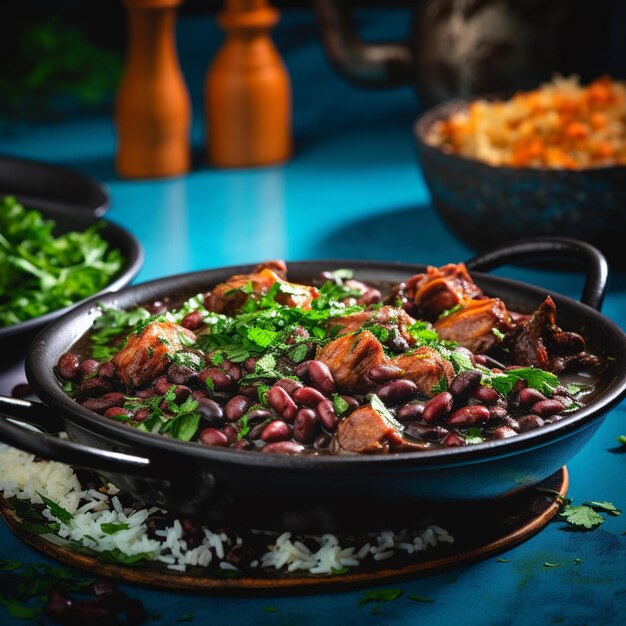 there is a bowl of beans and rice with meat in it generative ai