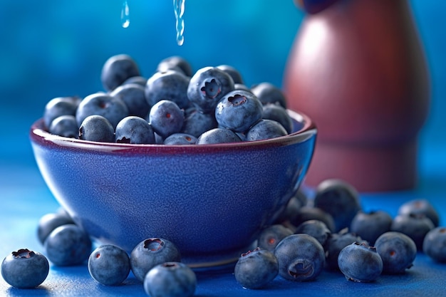 there is a bowl of blueberries on a blue table generative ai