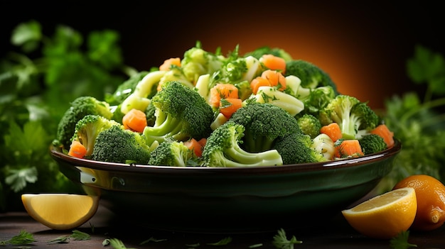 there is a bowl of broccoli and carrots with lemon wedges generative ai
