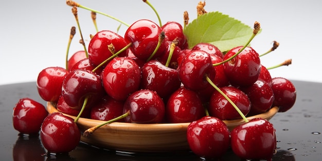 There is a bowl of cherries with a leaf on top generative ai