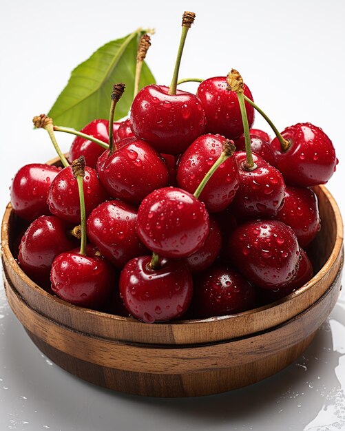 There is a bowl of cherries with a leaf on top generative ai