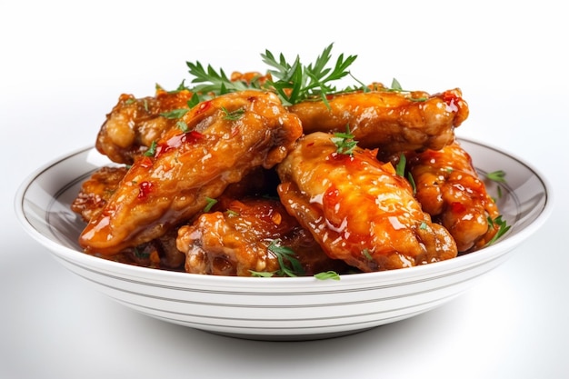 There is a bowl of chicken wings with sauce and parsley generative ai