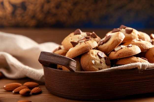 There is a bowl of cookies with chocolate and almonds on the table generative ai