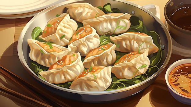 there is a bowl of dumplings and a cup of coffee on a table generative ai