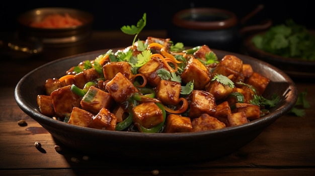 there is a bowl of food with tofu and vegetables on a table generative ai