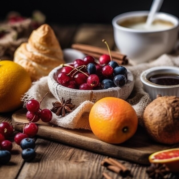 Foto c'è una ciotola di frutta e una tazza di caffè su un tavolo generativo ai