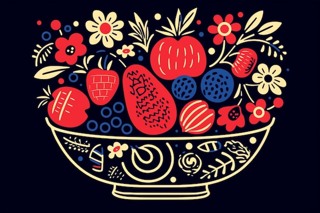 Есть миска с фруктами и цветами на черном фоне.