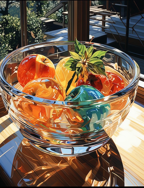 There is a bowl of fruit in the sun on a table generative ai