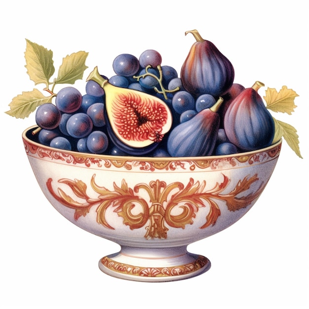 Photo there is a bowl of fruit with figs and grapes in it generative ai
