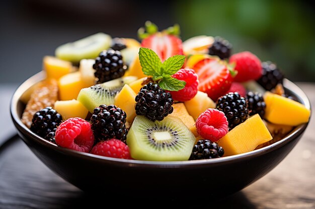 There is a bowl of fruit with a mint leaf on top generative ai