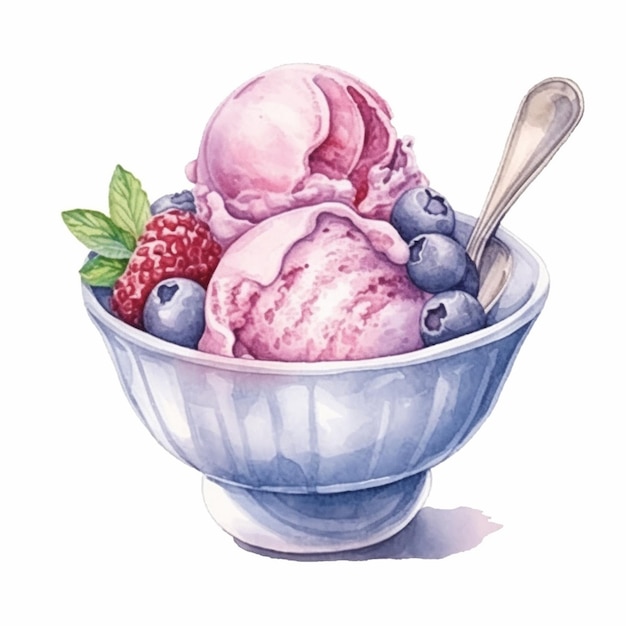 There is a bowl of ice cream with berries and a spoon generative ai