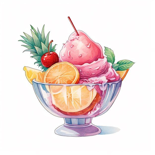 There is a bowl of ice cream with fruit and a pineapple generative ai