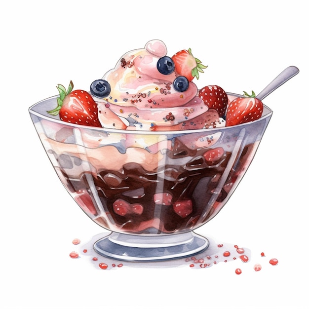 There is a bowl of ice cream with strawberries and chocolate generative ai