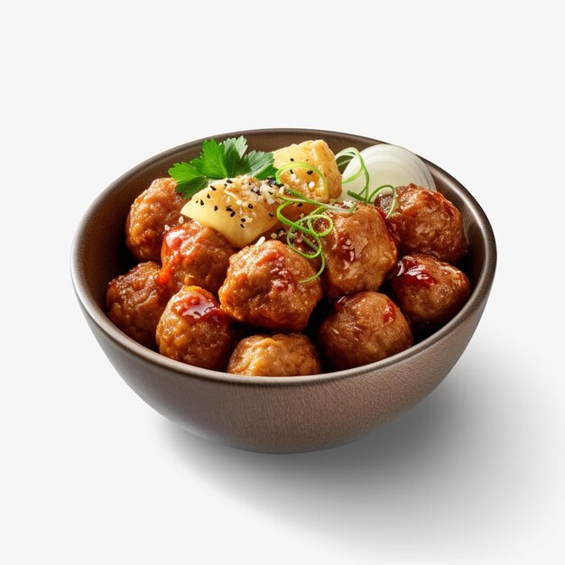 There is a bowl of meatballs with sauce and garnish generative ai