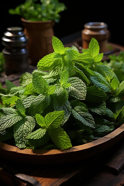 There is a bowl of mint leaves on a table with other herbs generative ai