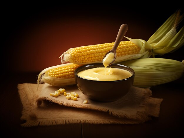 there is a bowl of mustard next to corn on a table generative ai