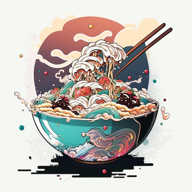 Photo there is a bowl of noodles with chopsticks and a wave generative ai